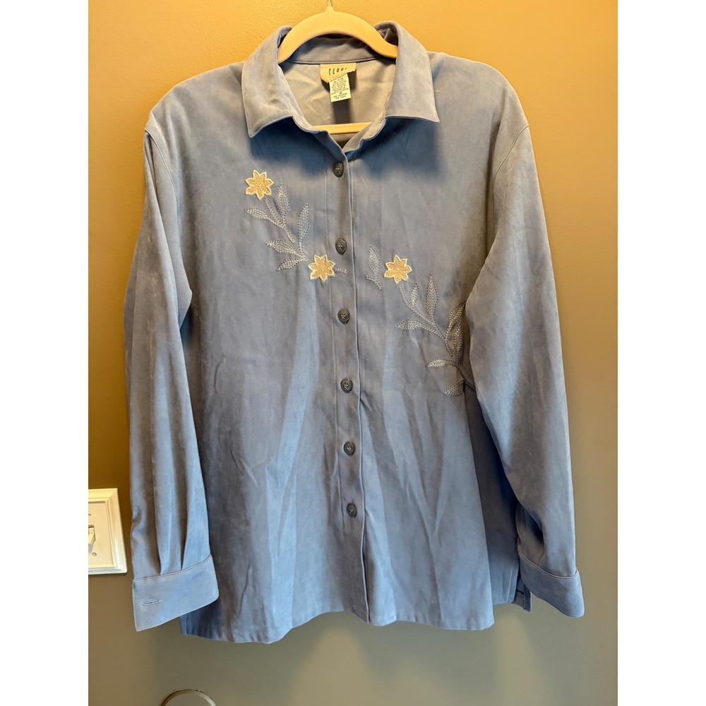Vintage 90s Teddi Blue Brushed Floral Embroidered Button Front Blouse Top